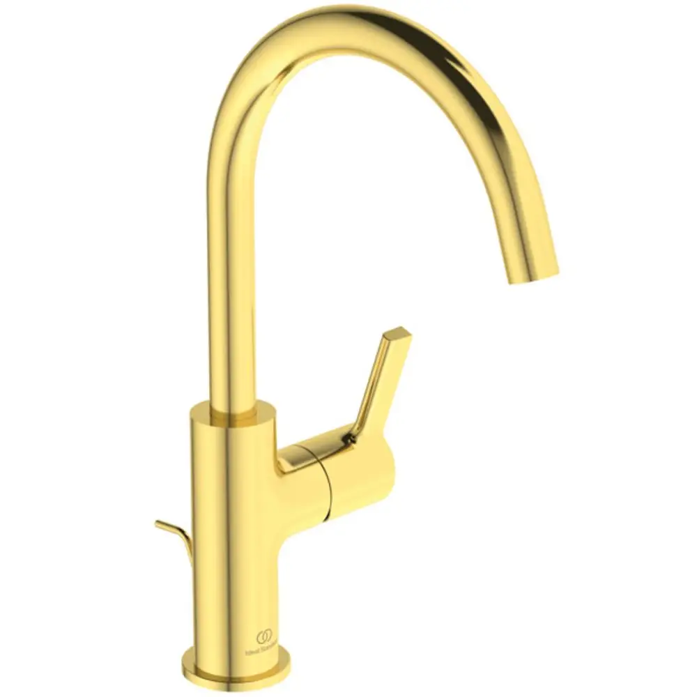 Waschtischarmatur mit hohem Auslauf und Hebelöffnung in der Farbe Brushed Gold, hergestellt von Ideal Standard.